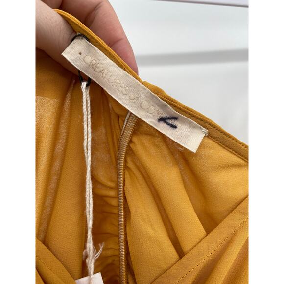 CREATURES OF COMFORT Dress Ruched Strappy Yellow Marigold Chiffon - Picture 4 of 7